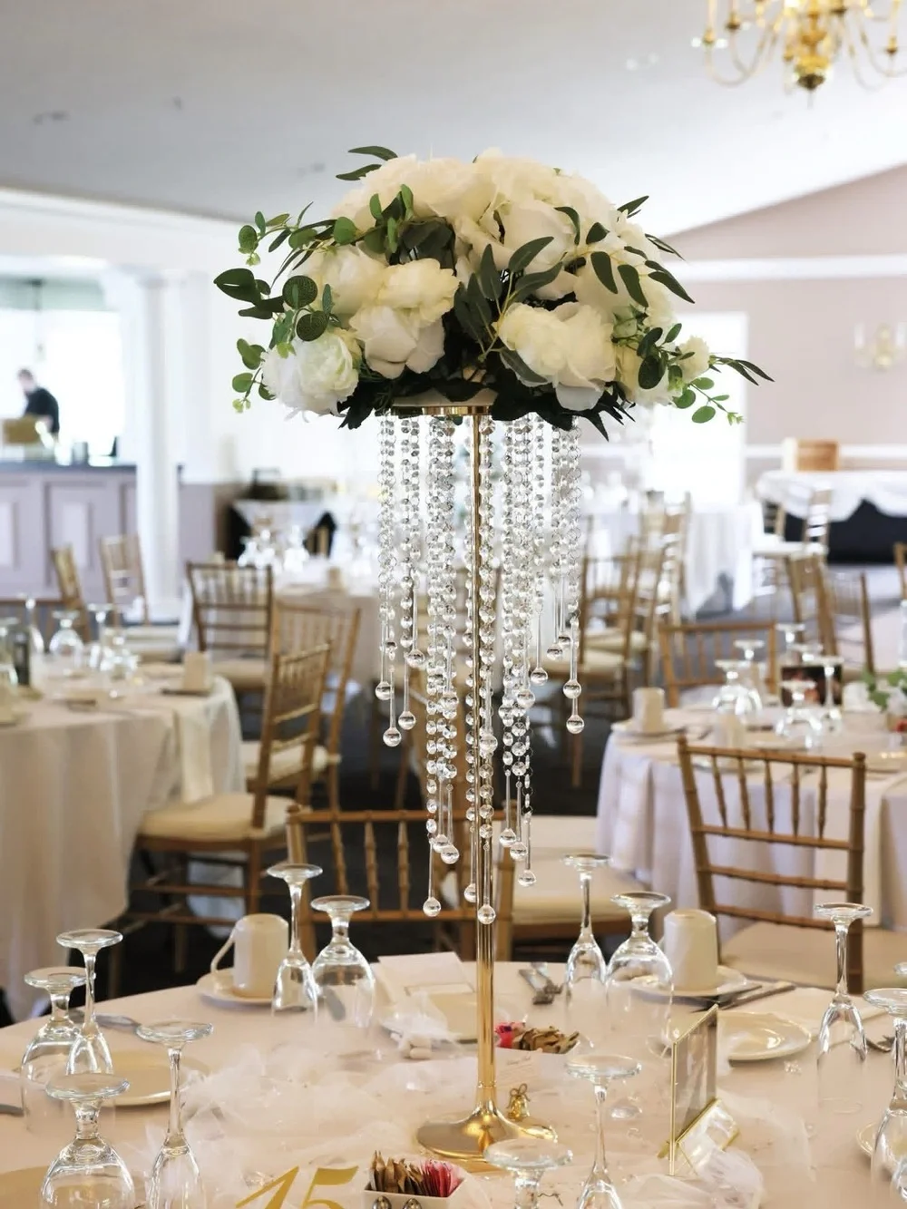 Gold Crystal Tall Centerpiece with White Floral Top